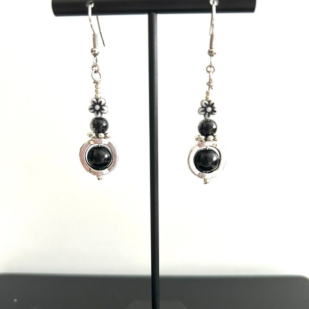 "Tokyo" 1.5" Dangle Mixed Beads Glass Metal Pressed Shape Black and Silver